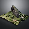 Detailed Mountain Model With Rocky Peak Lighthouse Green Grass Path And Small Buildings