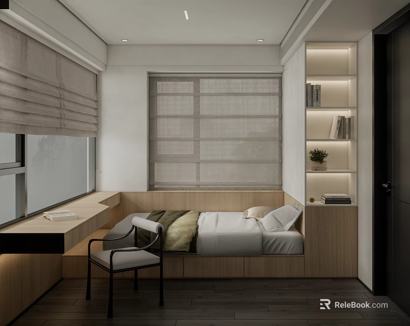 Modern Tatami Bedroom Interior Design With Bed Desk Chair Bookshelf And Window Blinds 3d model 