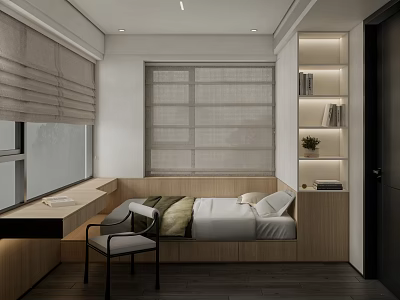 Modern Tatami Bedroom Interior Design With Bed Desk Chair Bookshelf And Window Blinds 3d model