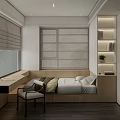 Modern Tatami Bedroom Interior Design With Bed Desk Chair Bookshelf And Window Blinds