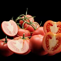 Fresh Ripe Tomatoes Whole And Sliced With Juicy Pulp Seeds And Green Stems