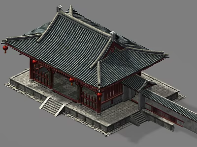 Traditional Chinese Ancient Architecture With Tiled Roof Overhanging Eaves Red Pillars And Hanging Lanterns 3d model