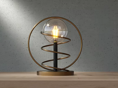 Modern Golden Frame Candle Lamp with Spiral Structure and Transparent Bulb on Wooden Tabletop 3d model