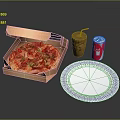 Tasty Pizza In Open Box With Vegetables Meats Coke Can And White Plate