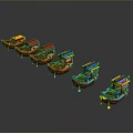 Colorful Decorative Boat Models With Red Blue Hulls Ornate Roofs Arranged On Dark Background