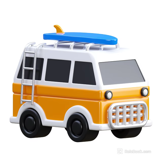 Yellow and White Utility Vehicle with Roof Surfboard and Side Ladder Exterior Design 3d model 