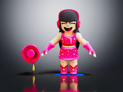 Cartoon Girl Character In Pink Star Dress With Headphones And Pink Hat 3d model