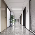 Modern Office Corridor Interior With Spacious Design Marble Floor Ceiling Lights And Potted Plants 3d model