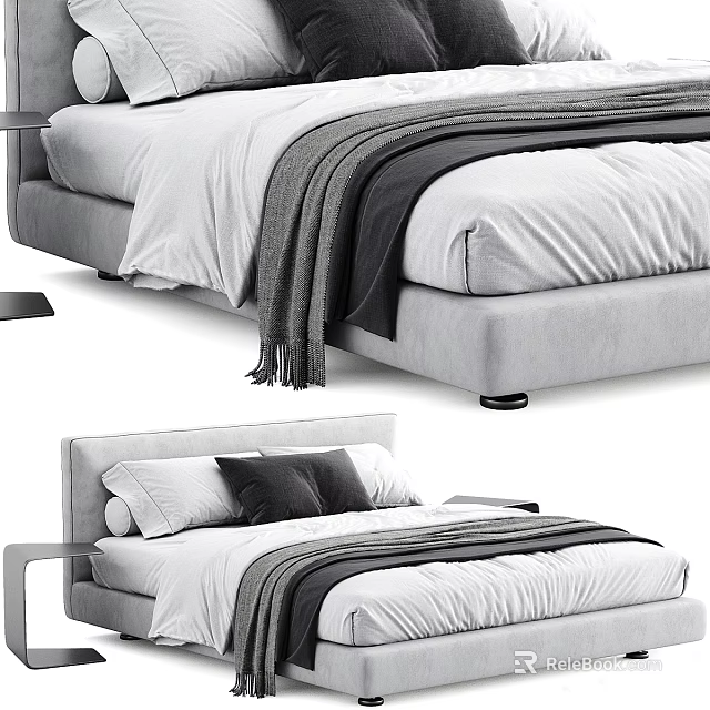 Modern Double Bed Interior With Gray Frame White Bedding And Black Pillows 3d model