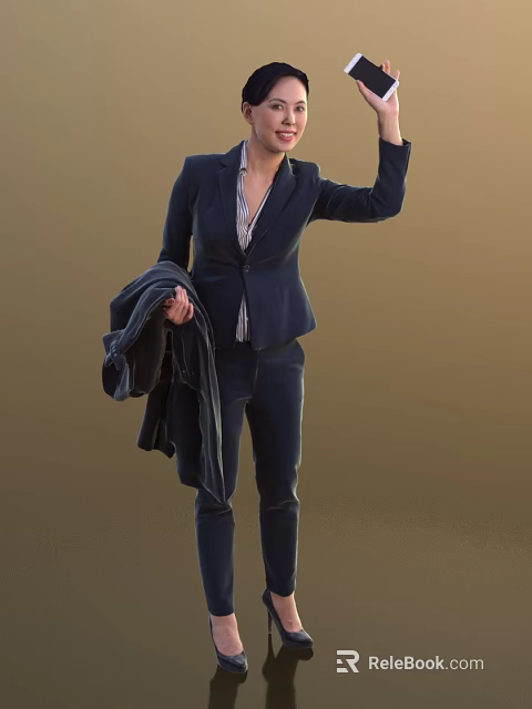 Professional Woman In Dark Blue Suit With Striped Shirt Holding Coat And Raising Left Hand 3d model 