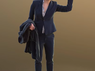 Professional Woman In Dark Blue Suit With Striped Shirt Holding Coat And Raising Left Hand 3d model