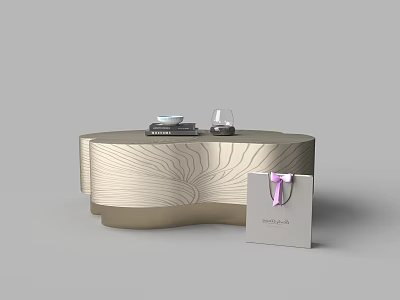 Sleek Wood Grain Coffee Table With Books Glass And Purple Ribbon Gift Box 3d model