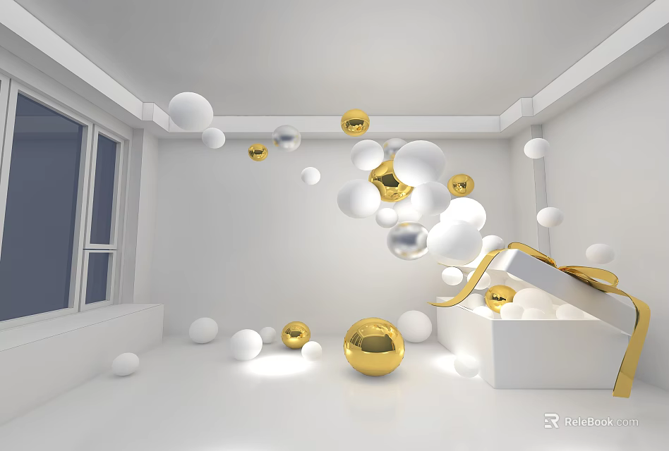 Stylish Window Display Decoration with Floating White And Gold Spheres And White Box 3d model 