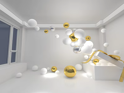 Stylish Window Display Decoration with Floating White And Gold Spheres And White Box 3d model