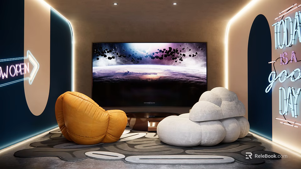 Modern Home Theater With Large Screen Cloud Shaped Yellow White Sofas And Ambient Lighting 3d model