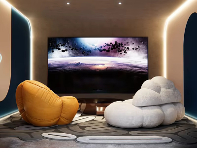 Modern Home Theater With Large Screen Cloud Shaped Yellow White Sofas And Ambient Lighting 3d model