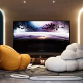 Modern Home Theater With Large Screen Cloud Shaped Yellow White Sofas And Ambient Lighting 3d model