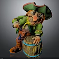 Colorful Pirate Statue With Green Hat Red Brim Green Coat And Wooden Barrel Blue Stripes