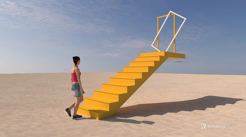 Commercial Equipment Yellow Staircase With White Frame Structure In Desert Setting 3d model 