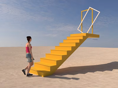 Commercial Equipment Yellow Staircase With White Frame Structure In Desert Setting 3d model