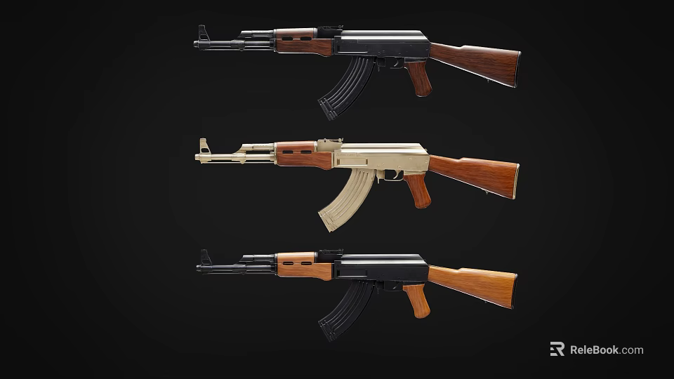 Three Different Colored Military Style Rifles With Wooden Stocks Displayed On Black Background 3d model 
