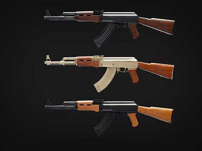 Three Different Colored Military Style Rifles With Wooden Stocks Displayed On Black Background 3d model
