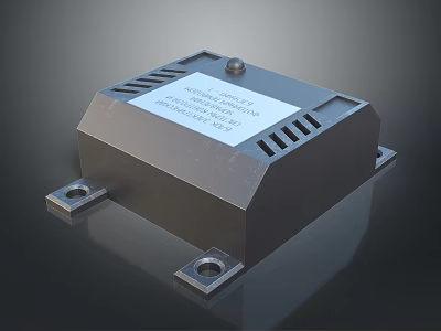Black Square Electronic Device With White Label Text Metal Mounting Holes And Side Ventilation Slots 3d model