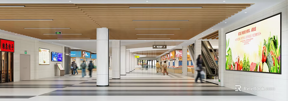 Spacious Shopping Mall Lobby With Wide Corridors Wooden Ceiling Escalators And Pedestrians 3d model 