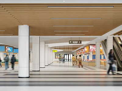 Spacious Shopping Mall Lobby With Wide Corridors Wooden Ceiling Escalators And Pedestrians 3d model