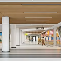 Spacious Shopping Mall Lobby With Wide Corridors Wooden Ceiling Escalators And Pedestrians