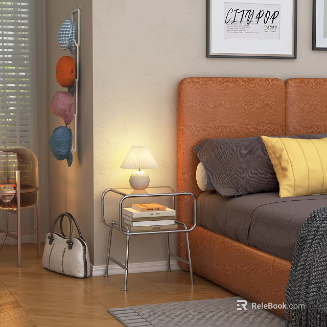 Modern Metal Frame Bedside Table With Table Lamp And Books Near Leather Headboard 3d model 