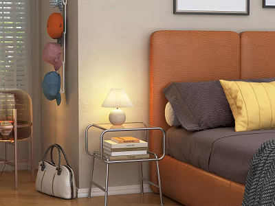 Modern Metal Frame Bedside Table With Table Lamp And Books Near Leather Headboard 3d model