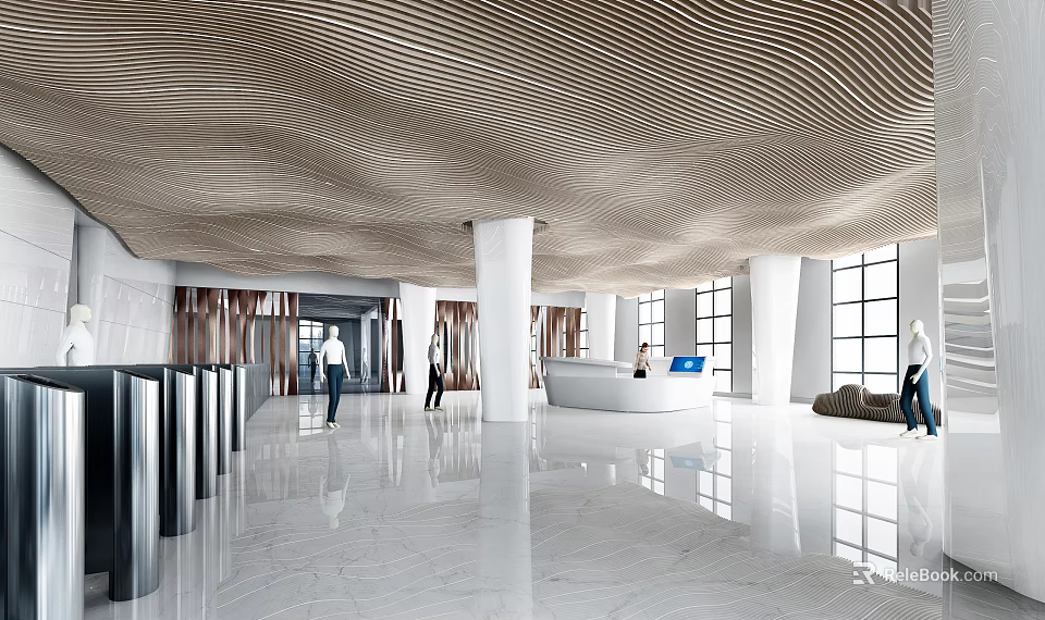 Luxurious Modern Hotel Lobby Interior Design With Wavy Ceiling White Columns And Marble Floor 3d model 