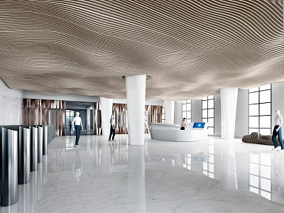 Luxurious Modern Hotel Lobby Interior Design With Wavy Ceiling White Columns And Marble Floor 3d model