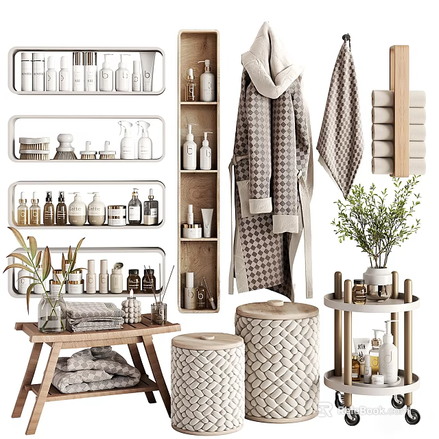Stylish Bathroom Accessories with Wall Shelves Towels Storage Stools and Plants 3d model 