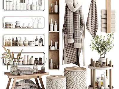 Stylish Bathroom Accessories with Wall Shelves Towels Storage Stools and Plants 3d model