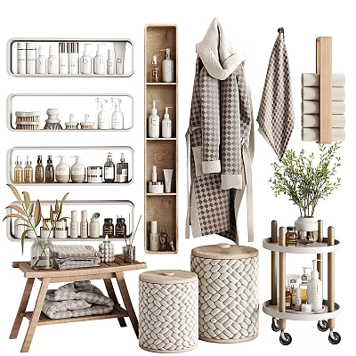 Stylish Bathroom Accessories with Wall Shelves Towels Storage Stools and Plants 3d model