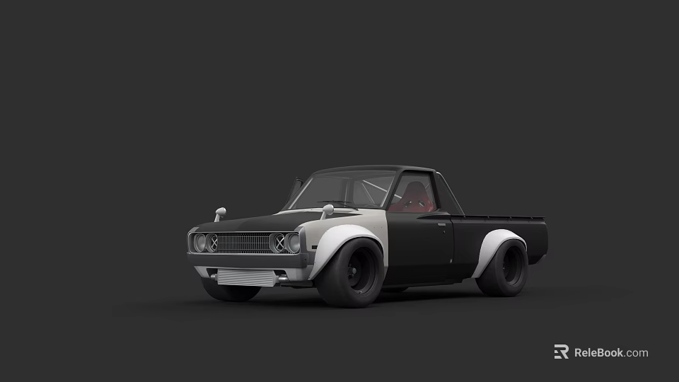 Vintage Black and Silver Pickup Truck With Large Wheels Red Interior Design 3d model 