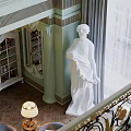 Luxurious Duplex Living Room With Green Walls Large Window Chandelier And White Statues