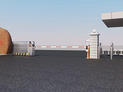 Electric Entrance Gate With Security Booth Barrier Gate And Stone Tablet On Asphalt Ground 3d model