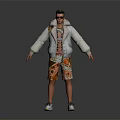 Man In Light Fur Collar Jacket Bright Inner Printed Shorts White Sneakers Sunglasses Dark Background 3d model