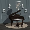 Musical Instruments Art Supplies Black Piano With Illuminated Music Notes Round Rug And Wooden Floor