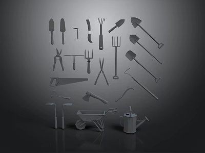 Essential Garden Household Tools Including Shovels Rakes Wheelbarrow And Watering Can 3d model
