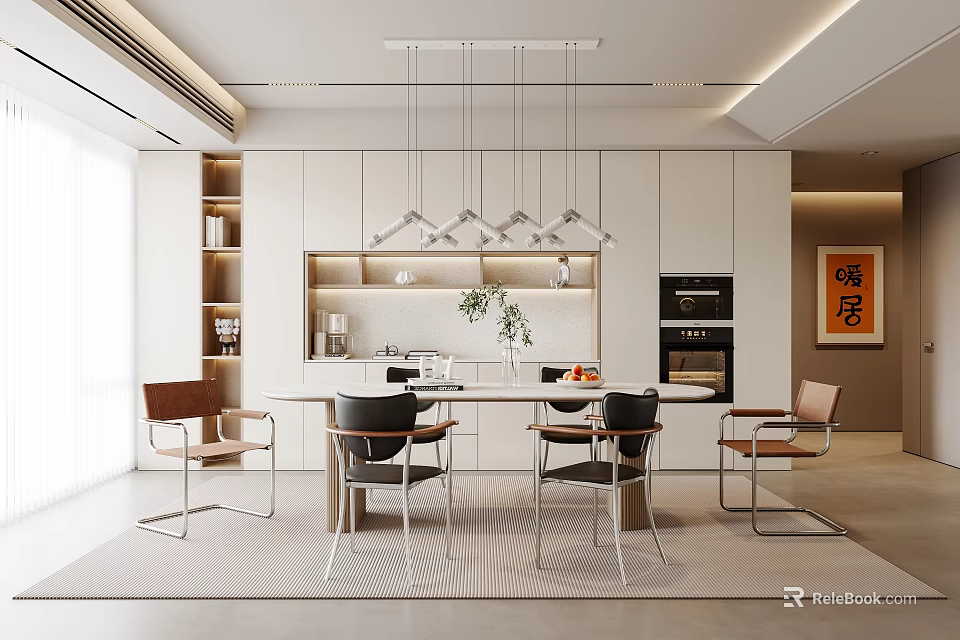 Modern Open Concept Restaurant Interior With Dining Table Chairs And Pendant Lights 3d model 