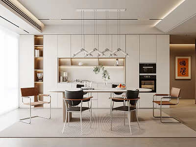 Modern Open Concept Restaurant Interior With Dining Table Chairs And Pendant Lights 3d model