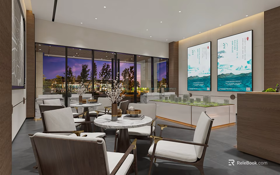 Modern Sales Office Interior With Comfortable Seating Display Counters And Large Glass Windows 3d model