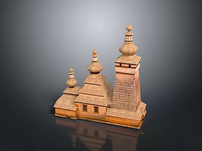 Scenic Traditional Wooden Architecture With Three Spires And Reflection On Dark Background 3d model