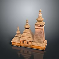 Scenic Traditional Wooden Architecture With Three Spires And Reflection On Dark Background