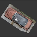 Old Rusty Red Classic Car With Damaged Roof On Broken Ground And Weeds