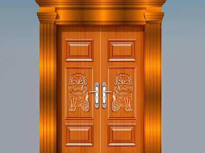 Classical Wooden Double Doors With Intricate Carved Patterns And Golden Frame 3d model